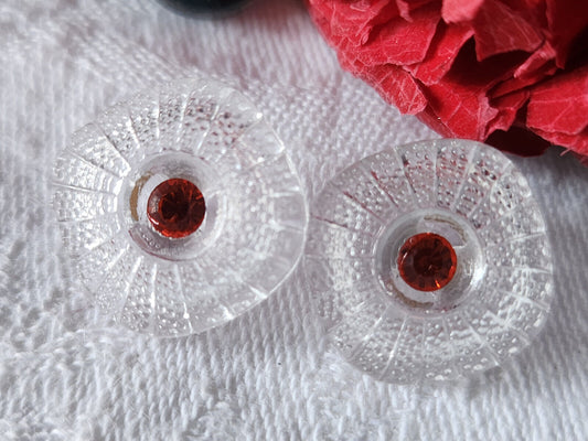 Duo boutons anciens en verre marguerite strass orange   vintage    1,6 cm D8B