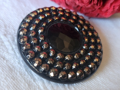 Enorme bouton ancien en verre noir doré picot 3,7 cm D11K