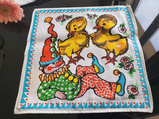 Mouchoir ancien neuf vintage enfant année 60/70 poussin clown coton B4-2