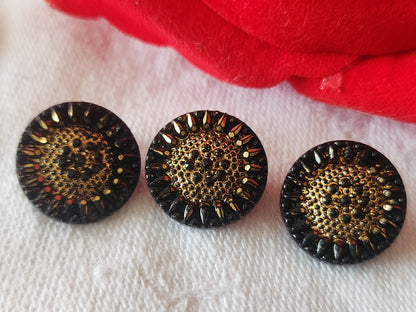 Trio petits boutons anciens en verre noir doré fleur pied 1,3 cm G2E