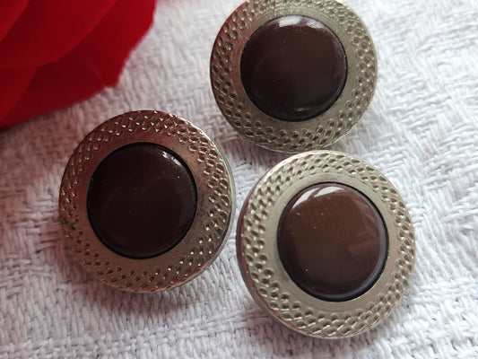 Trio boutons vintage métal argenté coeur marron pied  1,6 cm G18N