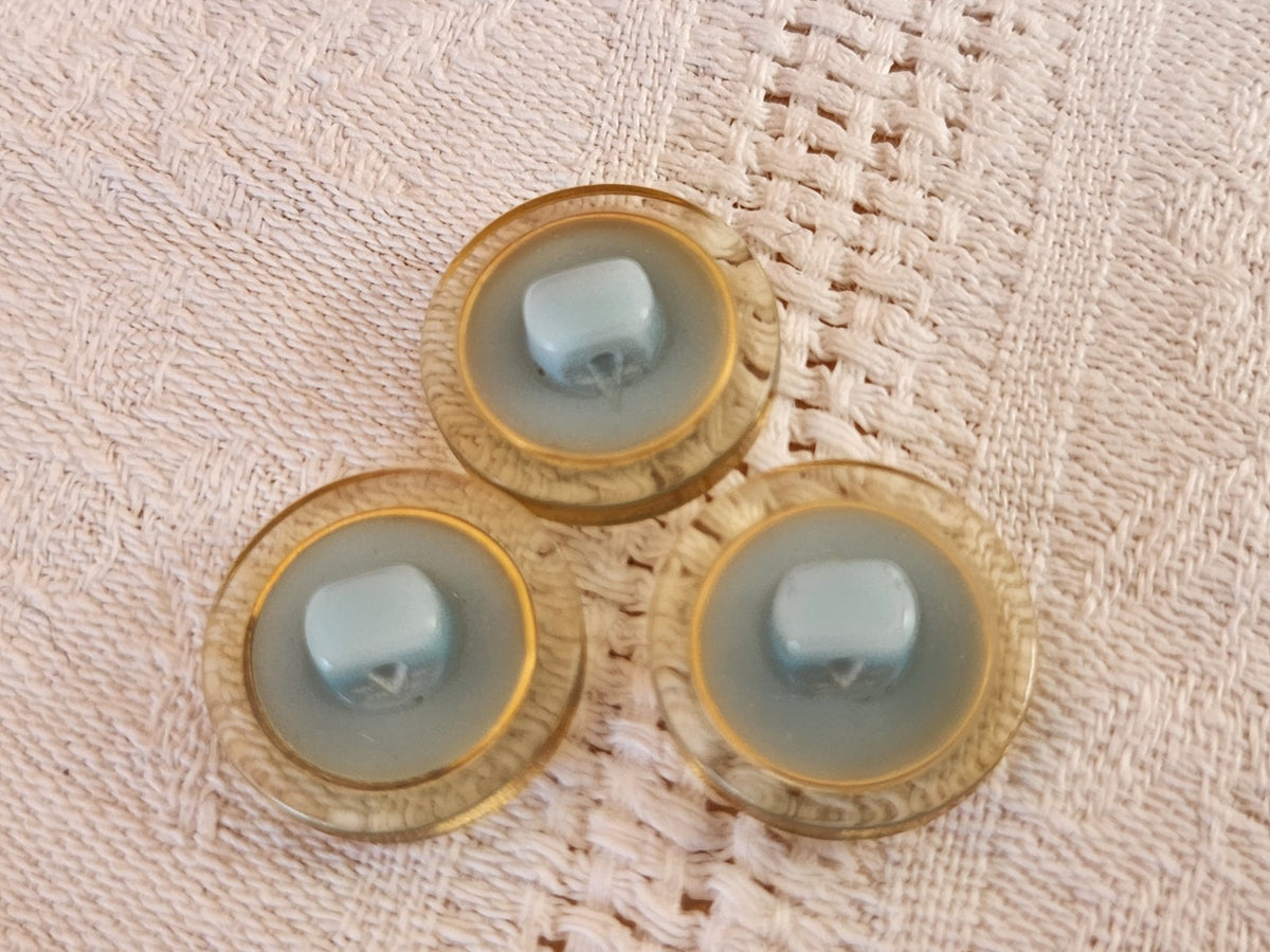 Trio  boutons vintage bleu doré siglé pied 1,7 cm 17 mm D17M