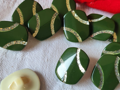 Lot 10 boutons vintage vert inclusion paillette rectangle 1,3 / 1,7 cm ref 3372