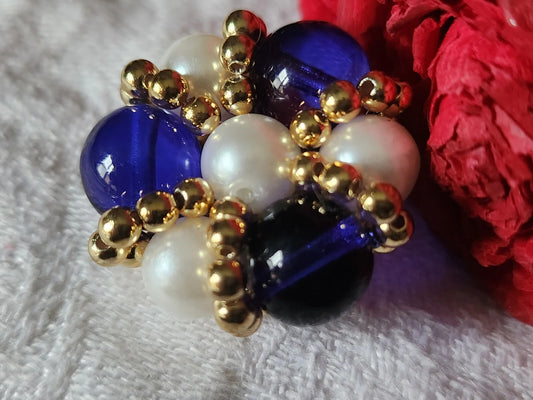 Bouton vintage métal torsade perle en verre parurier bleu 2,7 cm ref 5187