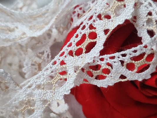 Dentelle vintage bicolore marron blanc  coton 3 métres sur 1,4 cm A3