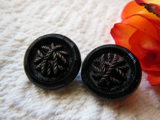 Duo boutons anciens verre noir cœur effet passementerie marron gris 1,7 cm  D9G