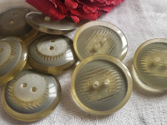 Lot 6 gros boutons vintage épais inclusion gris argenté à trous  2,8 cm ref 4698