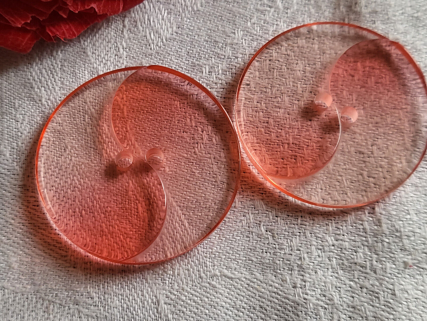 Duo boutons vintage rose transparent gros 3,5 cm ref 1243