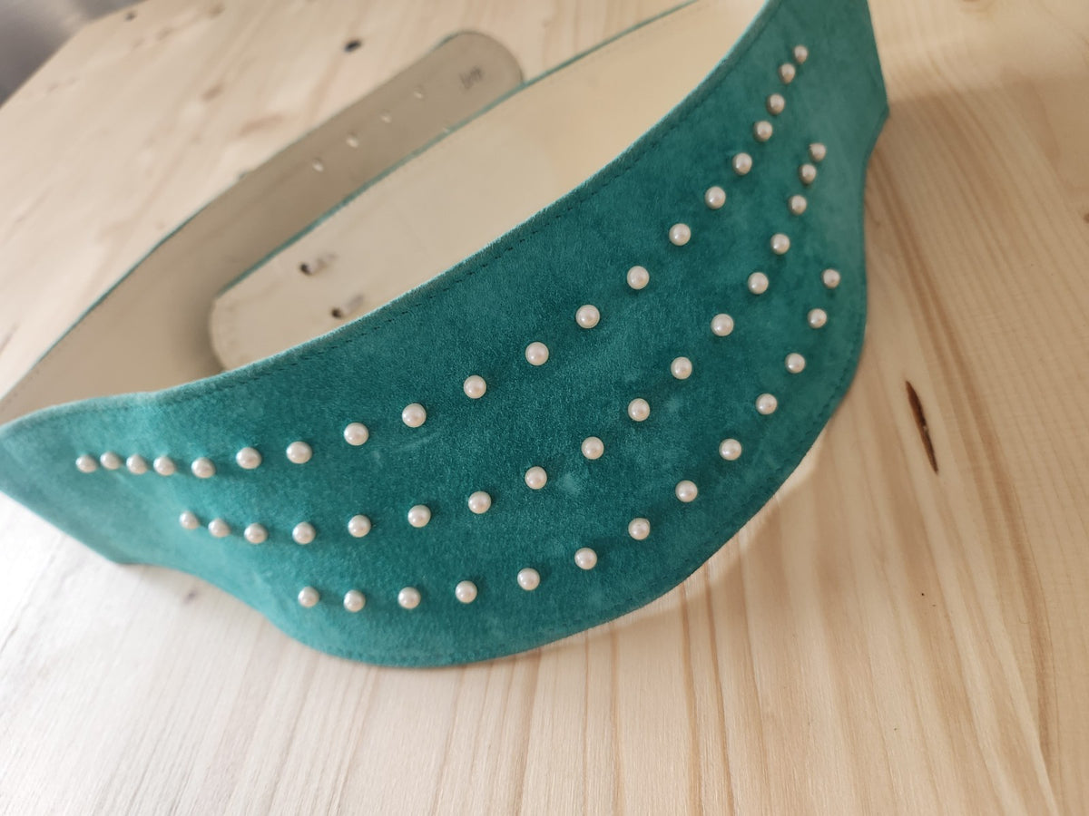Ceinture ancienne vintage daim vert d'eau superbe perléB8