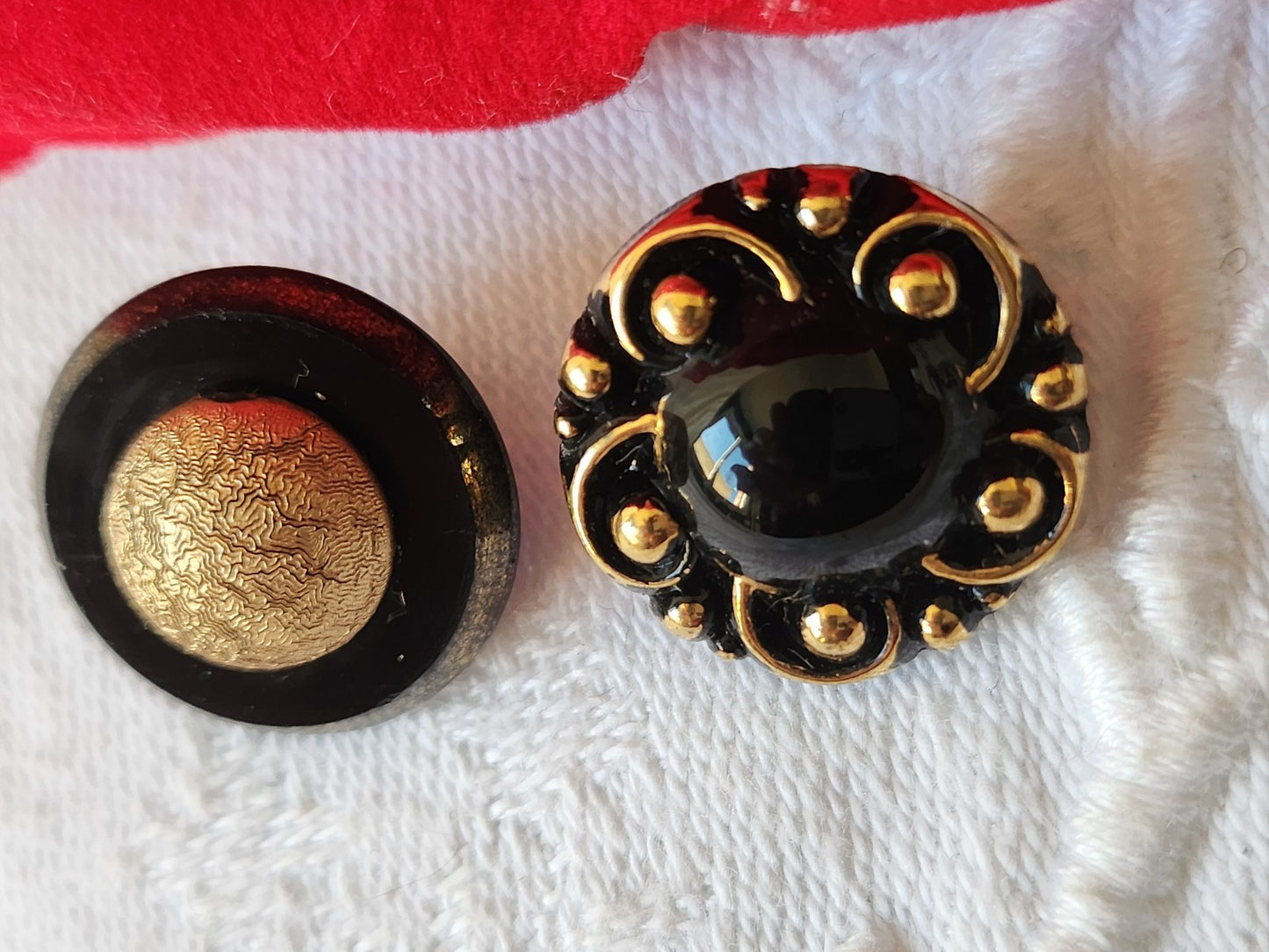 Duo boutons anciens en verre noir doré vintage 1,7 cm D7I