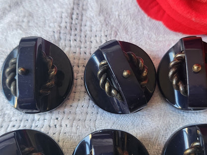 Lot 6 boutons anciens bleu fort relief chaine pied métal 2,6 cm ref 5560
