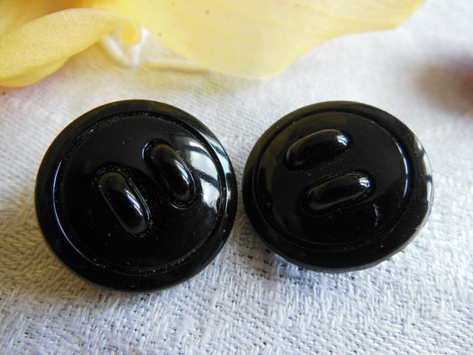 Duo boutons anciens en verre noir gros travaillé   à pied diamètre 2,2 cm D14Q