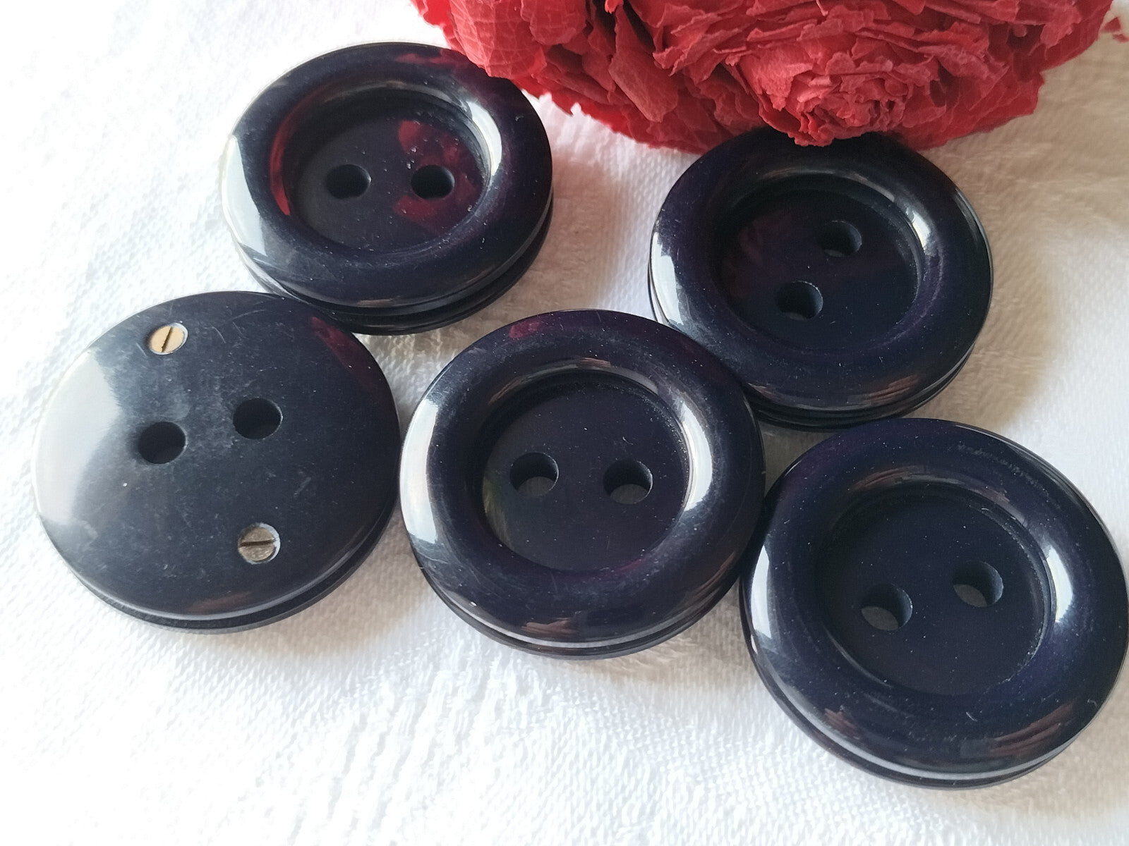 Lot 5 gros  boutons vintage bleu épais bobine vis  3,3 cm trous XXL ref 3743