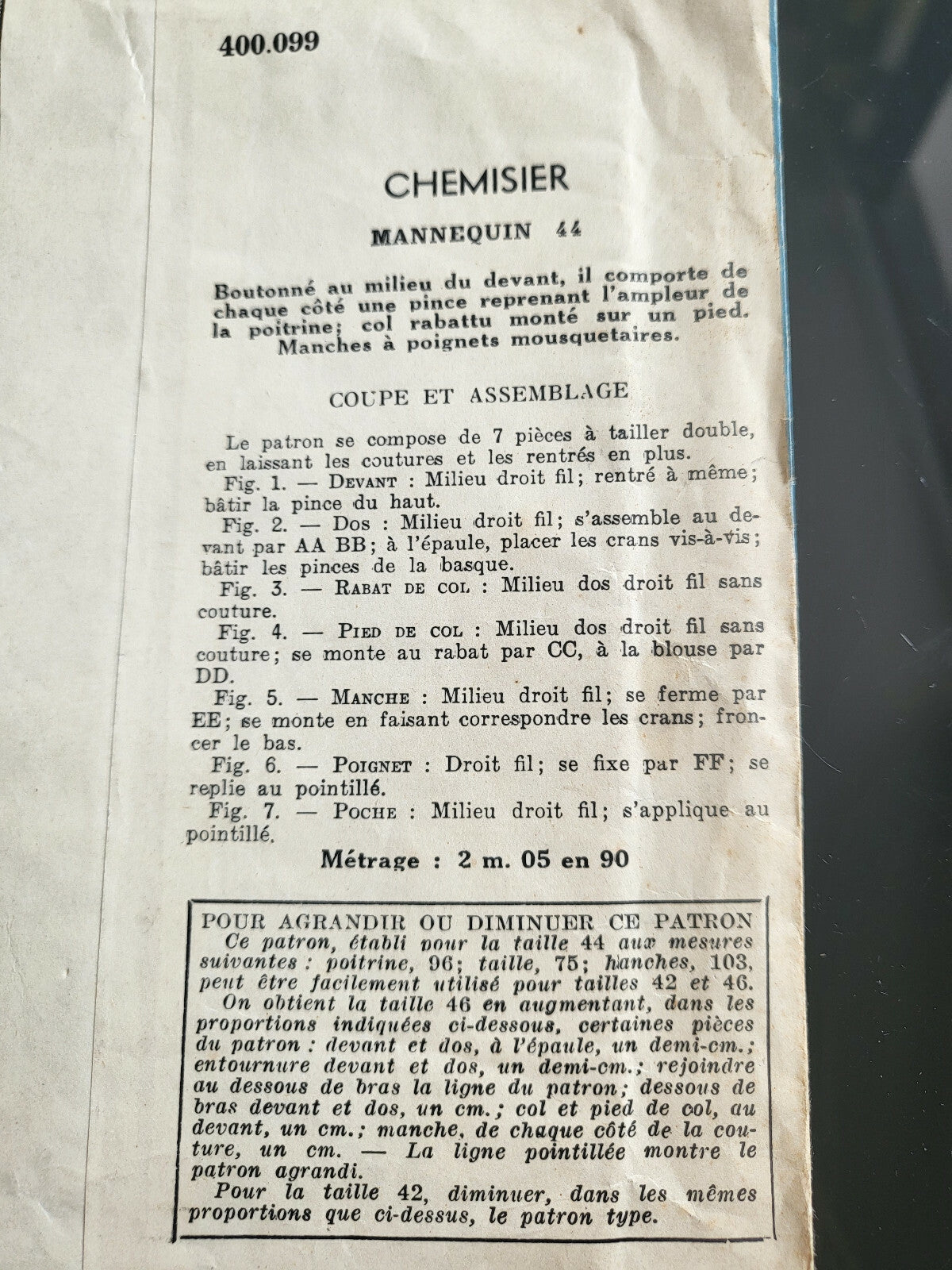Patron ancien chemisier en toile de soie neuf taille 44 ou 42 et 46 