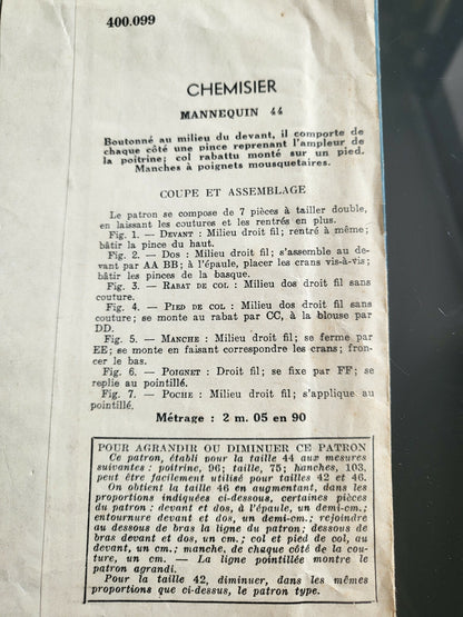 Patron ancien chemisier en toile de soie neuf taille 44 ou 42 et 46 