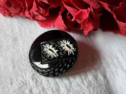 Bouton ancien en verre noir peint fleur 1,8 cm G10B