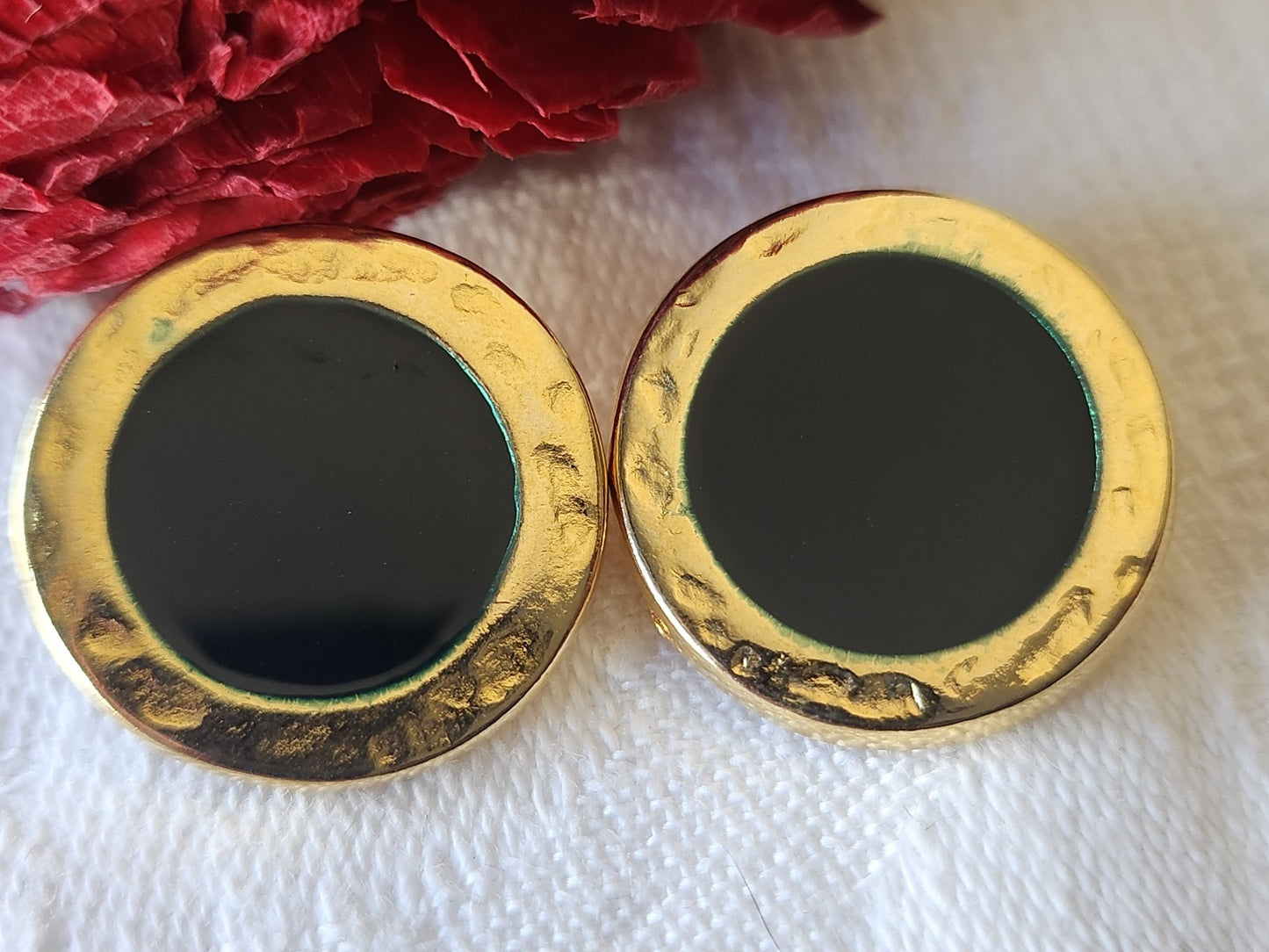 Duo boutons vintage en métal bleu doré 2 cm pied G15G