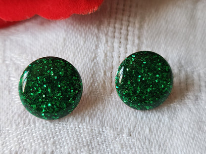 Duo boutons vintage en métal emaille paillette vert bijoux superbe 1,3 cm D4E