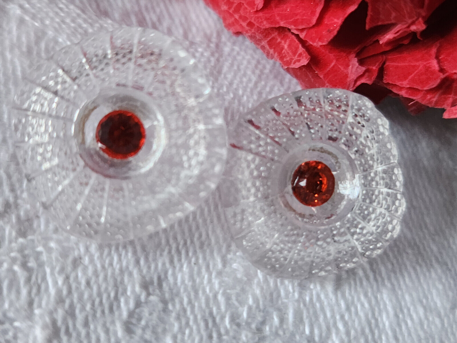 Duo boutons anciens en verre marguerite strass orange   vintage    1,6 cm D8B