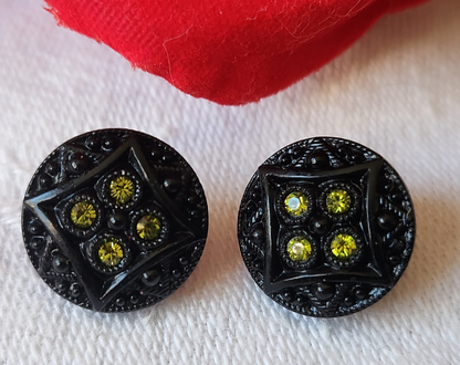Duo boutons anciens en verre noir strass jaune vintage 1,3 cm D16A