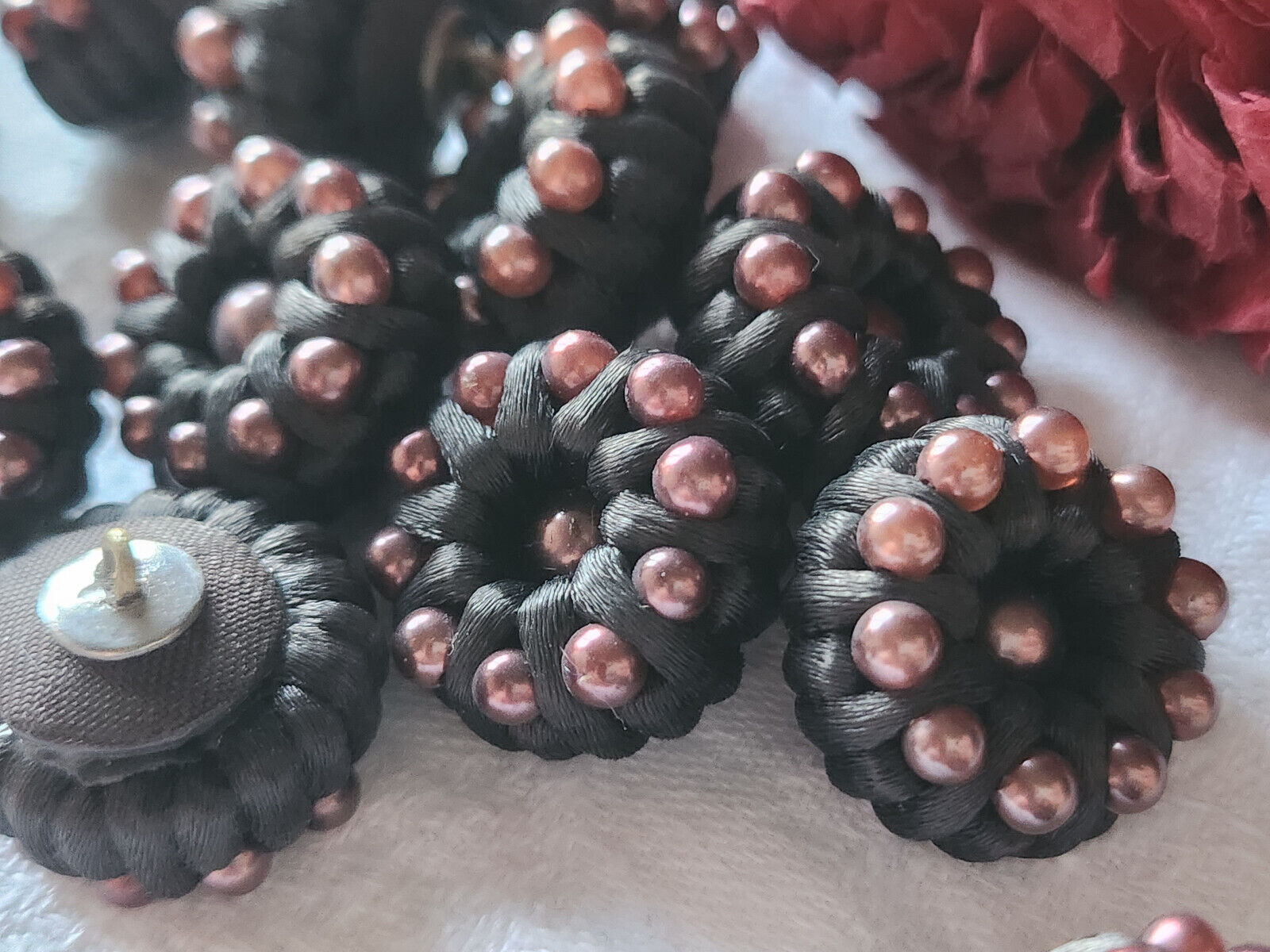 Lot 6 boutons anciens vintage passementerie marron perlé 1,9 cm ref 2944