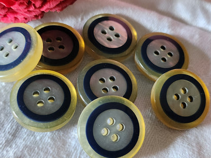 Lot 7 épais boutons vintage bleu transparent gris trous  2,2 cm ref 356