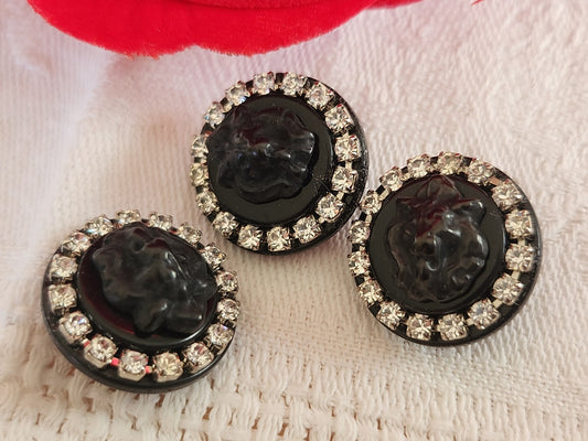 Trio bouton vintage noir acrylique coeur lion métal strass verre 1,7 cm D14G