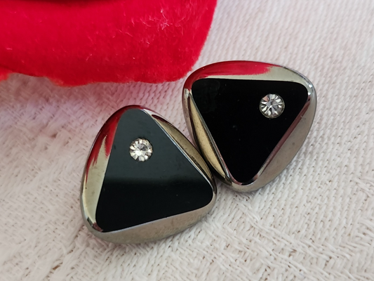 Duo boutons anciens en verre noir avec strass élégant 15 mm ou1,5 cm G16I