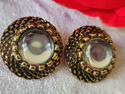 Duo boutons vintage en metal doré coeur transparent lumineux  2,2 cm G19K