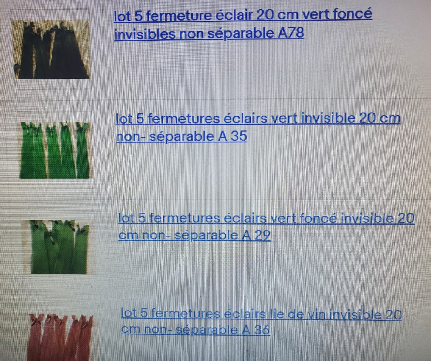 Lot 5 fermeture éclairs 20 cm invisible  non séparable teinte au choix