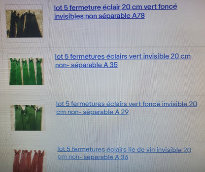 Lot 5 fermeture éclairs 20 cm invisible  non séparable teinte au choix
