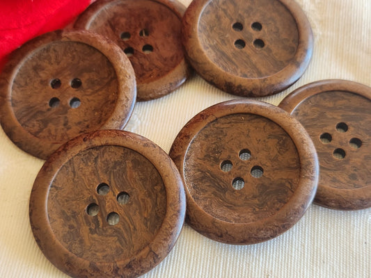 Lot 6 gros boutons vintage marron imitation bois 3 cm trous ou 30 mm ref 6278