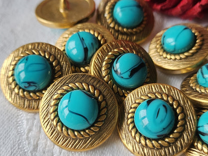 Lot 5 boutons vintage en métal doré imitation turquoise bleu 2,1 cm ref 3759