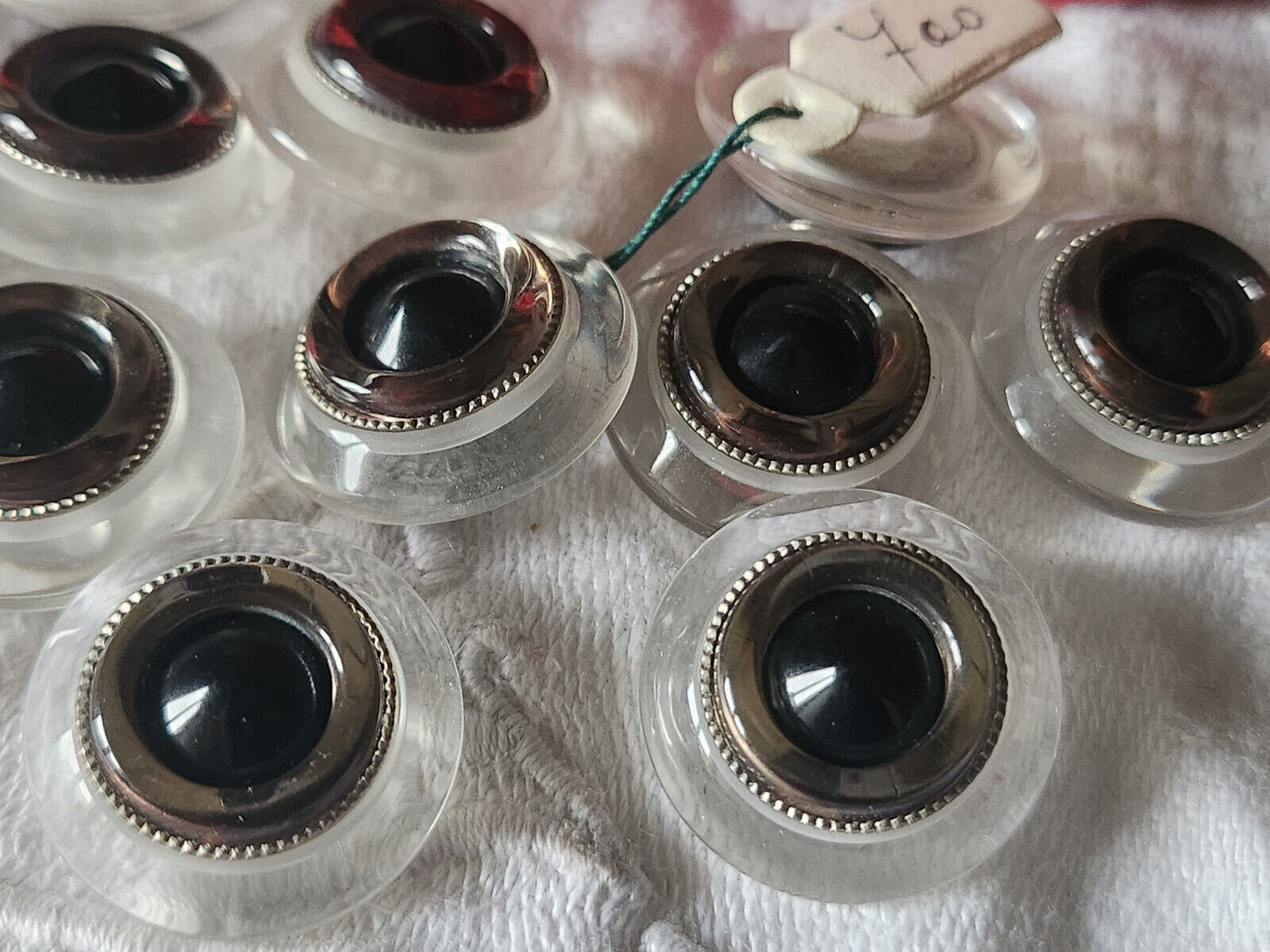 Lot 5 boutons vintage dome transparent noir argenté pied 2 cm ref 5613