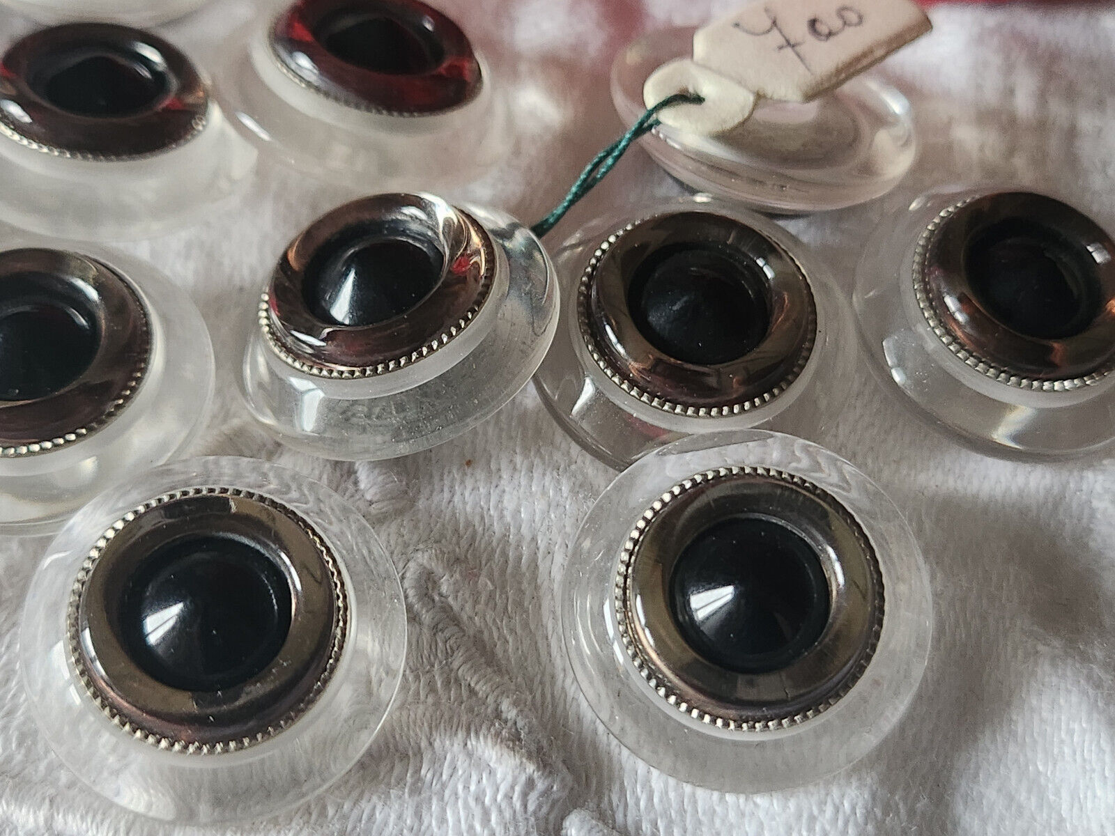 Lot 5 boutons vintage dome transparent noir argenté pied 2 cm ref 5613