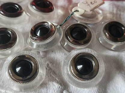Lot 5 boutons vintage dome transparent noir argenté pied 2 cm ref 5613