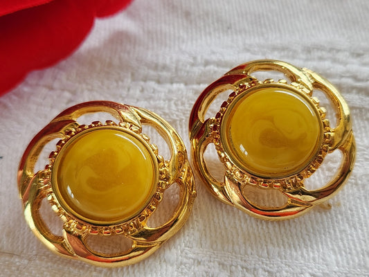 Duo boutons vintage métal coeur jaune moucheté 2,6 cm lourd doré D17P