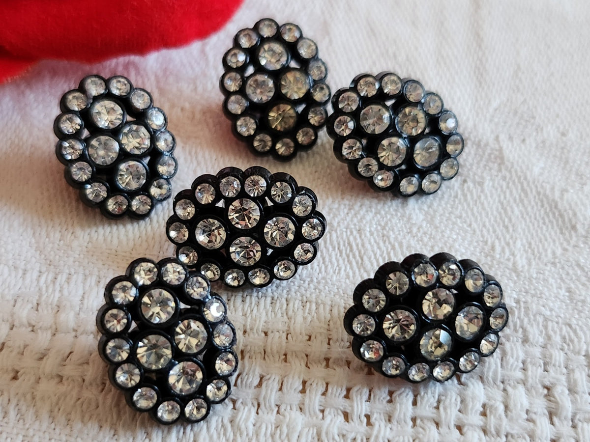 Lot 6 boutons noir acrylique strass en verre 1,3 sur 1,6 cm ref 6548