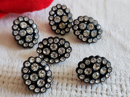 Lot 6 boutons noir acrylique strass en verre 1,3 sur 1,6 cm ref 6548