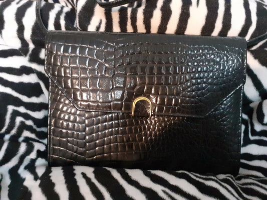 Ancien sac en main noir façon reptile bandoulière vintage retro