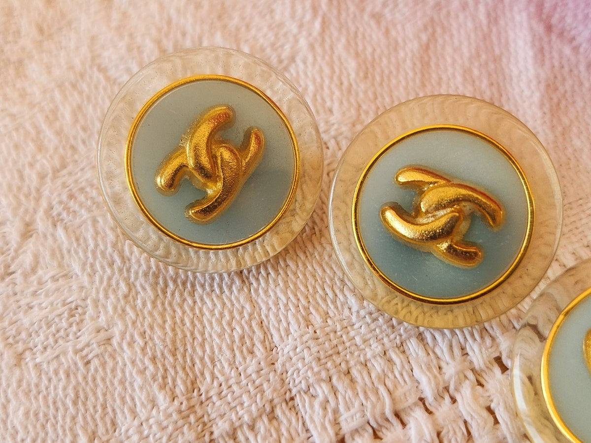 Trio  boutons vintage bleu doré siglé pied 1,7 cm 17 mm D17M