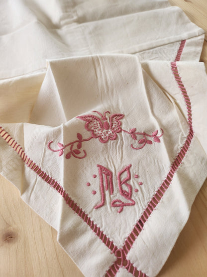 Superbe taie housse de polochon double monogramme MB papillon ancien B8
