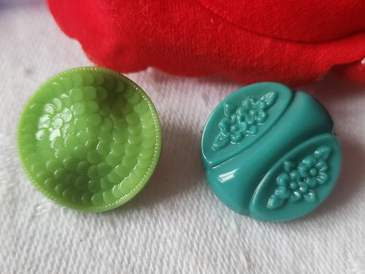 Duo boutons anciens en verre  motif vert vintage 1,8 cm D9H