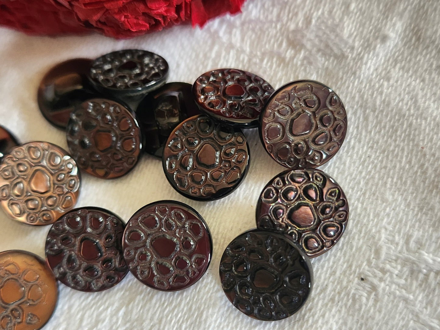 Lot 6 boutons anciens en nacre marron alveole pied 1,1 cm ref 1729
