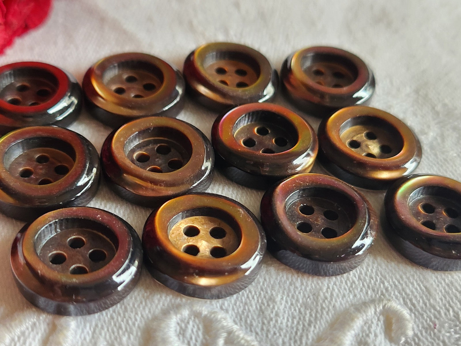Lot 12 boutons anciens en nacre marron  épais bord 1,7 cm lourd ref  6023