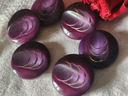Lot 6 gros boutons vintage violet liseré argenté inclusion pied  2,9 cm ref 5282