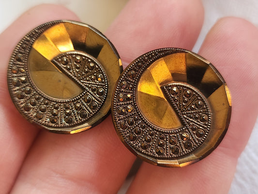 Lot 6 boutons anciens en verre marron facette superbe pied metal 2,2 cm ref 1458