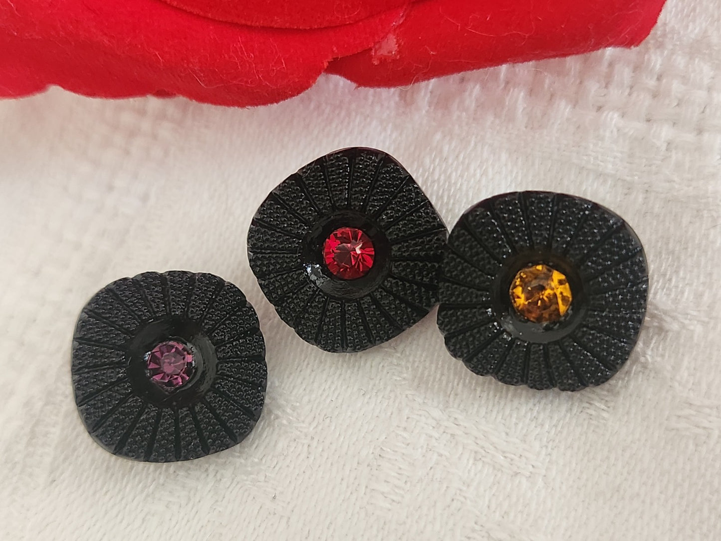 Trio bouton vintage en verre strass marguerite noir 1,6 cm ou 16 mmG19