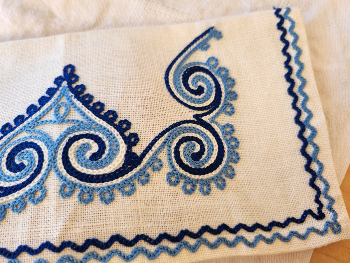 Ancien porte serviette fait main bleu broderie  neuf pochette 12 cm sur 25 cm B8