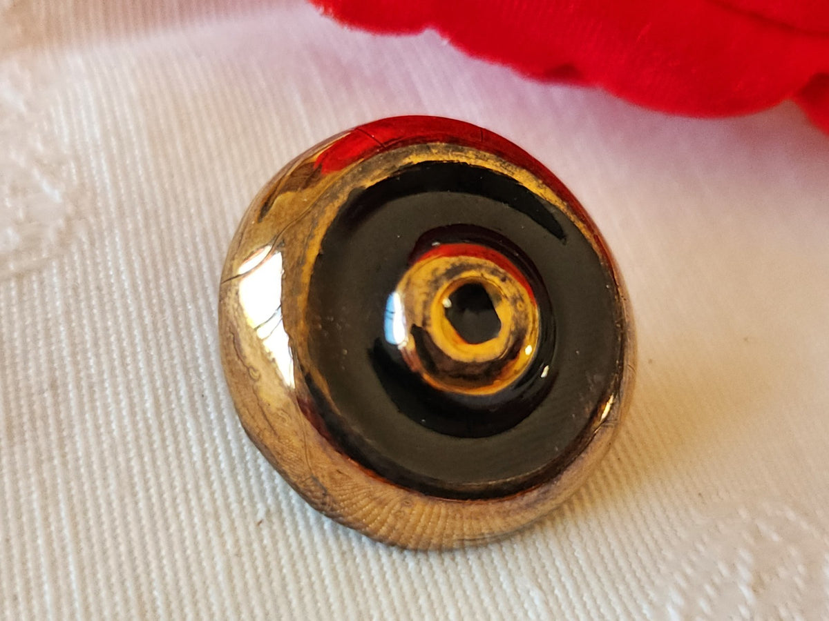 Bouton ancien en céramique noir doré pied 2,2 cm 22 mm D13D